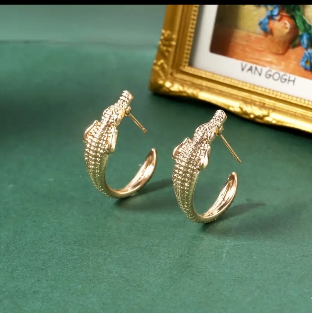 SILVER 14K Gold Hoop Crocodile Earrings - Picture 2 of 4